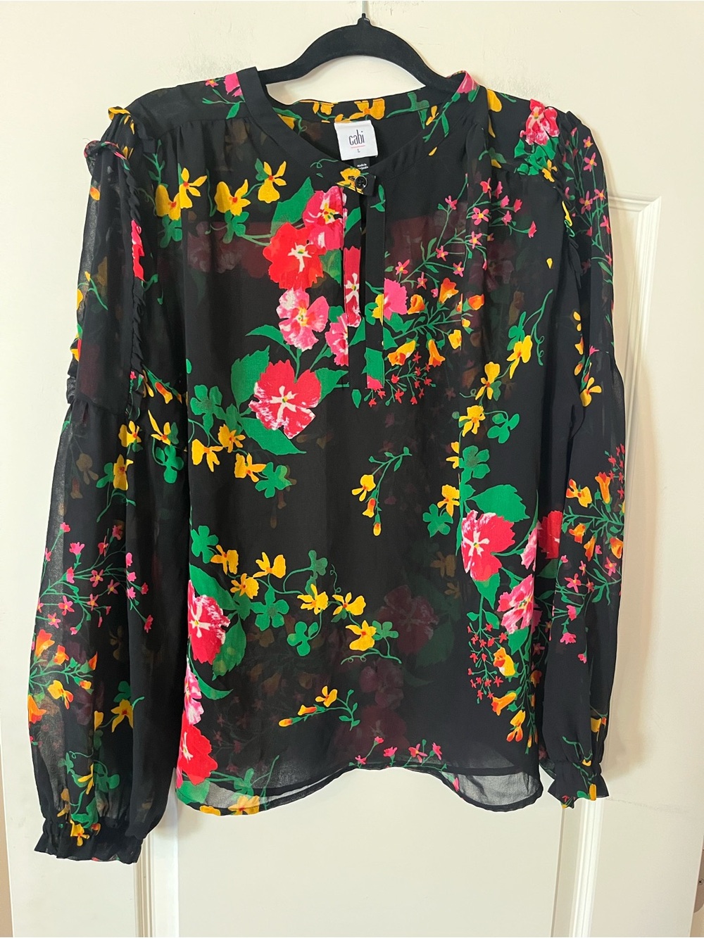 CABI Designer Semi Sheer Chiffon Long Sleeve Floral Blouse Women’s Size Large